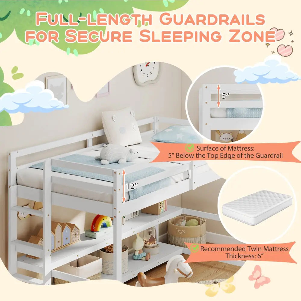 Twin Size Loft Bed with Storage Shelves Full-length Guardrails and Ladder-White - White - Bunk Bed Frame