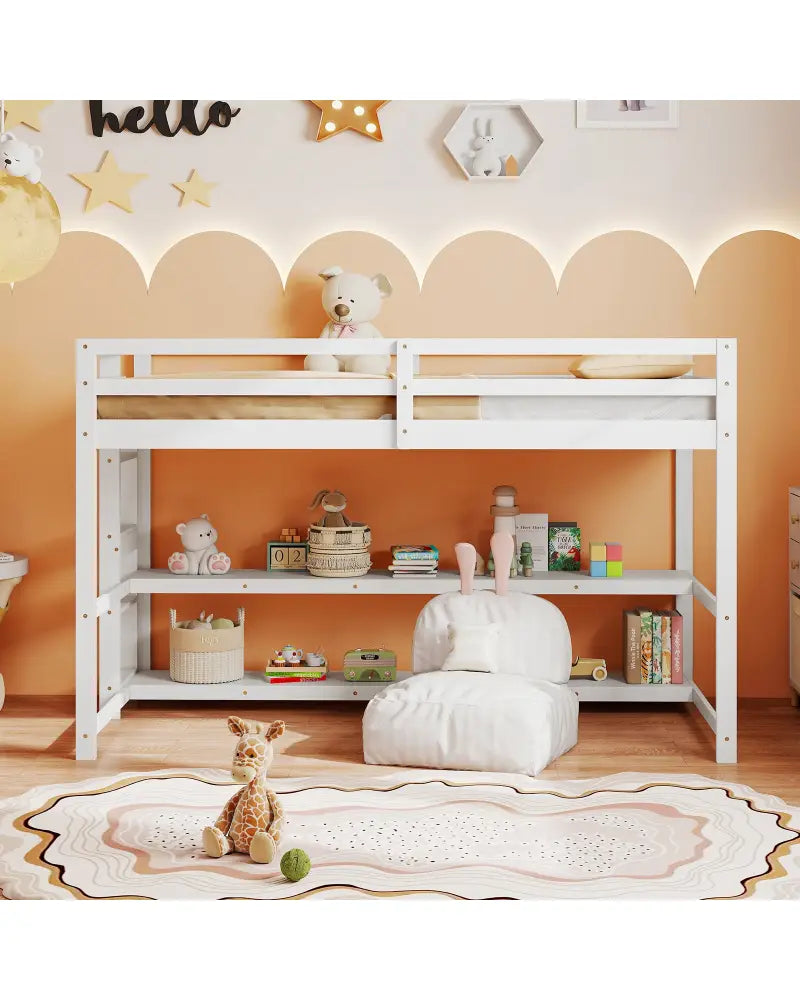 Twin Size Loft Bed with Storage Shelves Full-length Guardrails and Ladder-White - White - Bunk Bed Frame