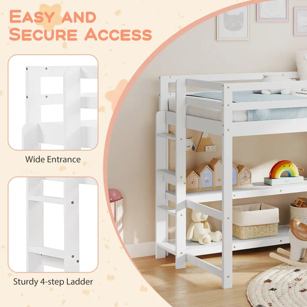 Twin Size Loft Bed with Storage Shelves Full-length Guardrails and Ladder-White - White - Bunk Bed Frame