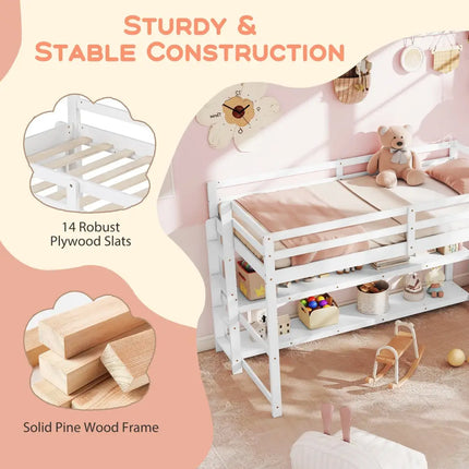 Twin Size Loft Bed with Storage Shelves Full-length Guardrails and Ladder-White - White - Bunk Bed Frame