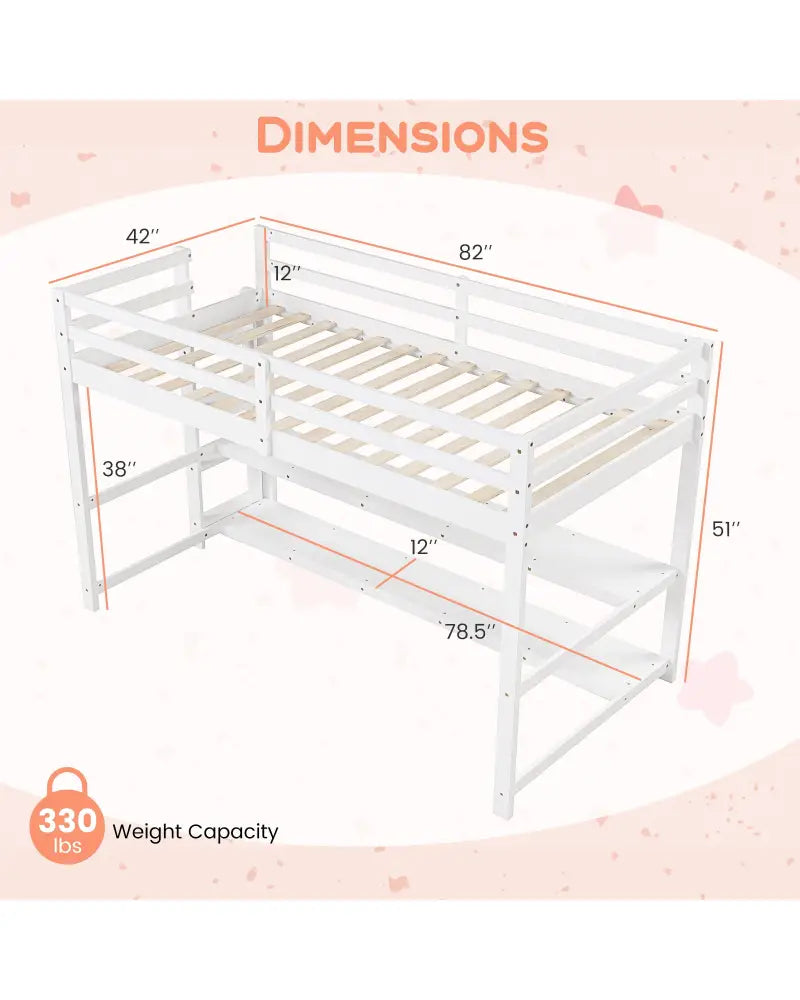 Twin Size Loft Bed with Storage Shelves Full-length Guardrails and Ladder-White - White - Bunk Bed Frame