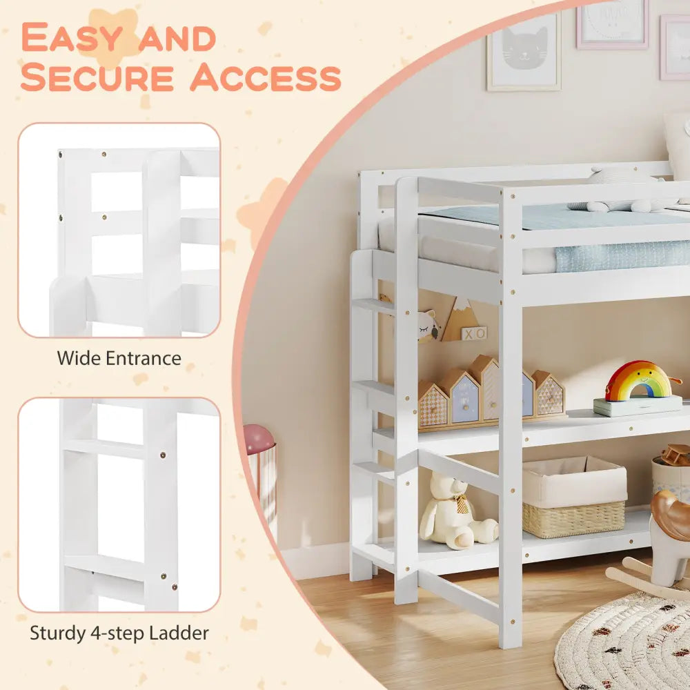 Twin Size Loft Bed with Storage Shelves Full-length Guardrails and Ladder-White - White - Bunk Bed Frame