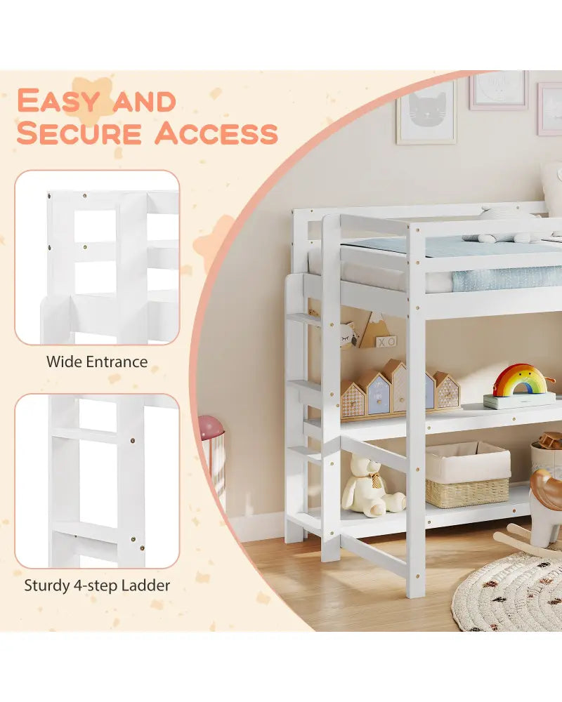 Twin Size Loft Bed with Storage Shelves Full-length Guardrails and Ladder-White - White - Bunk Bed Frame