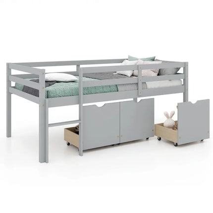 Twin Size Low Loft Bed with 3 Drawers with Ladder and Full-length Guardrails-Gray - Gray - Trundle Bed Frame