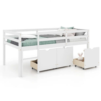 Twin Size Low Loft Bed with 3 Drawers with Ladder and Full-length Guardrails-White - White - Trundle Bed Frame