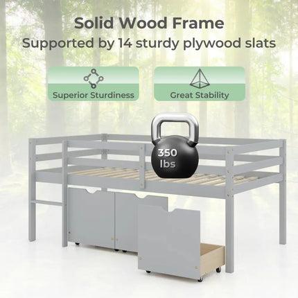 Twin Size Low Loft Bed with 3 Drawers with Ladder and Full-length Guardrails-Gray - Gray - Trundle Bed Frame