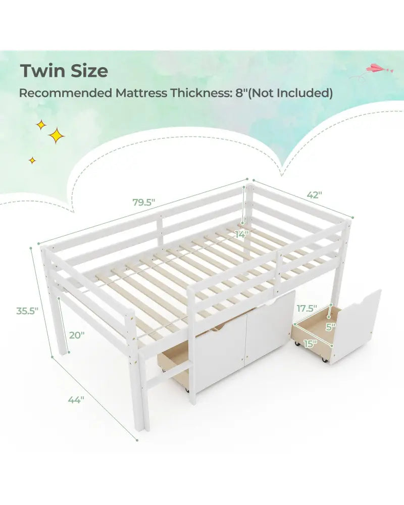 Twin Size Low Loft Bed with 3 Drawers with Ladder and Full-length Guardrails-White - White - Trundle Bed Frame