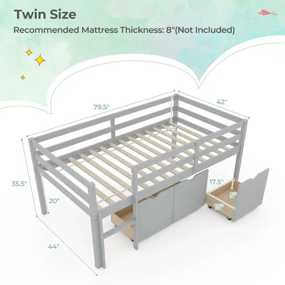 Twin Size Low Loft Bed with 3 Drawers with Ladder and Full-length Guardrails-Gray - Gray - Trundle Bed Frame
