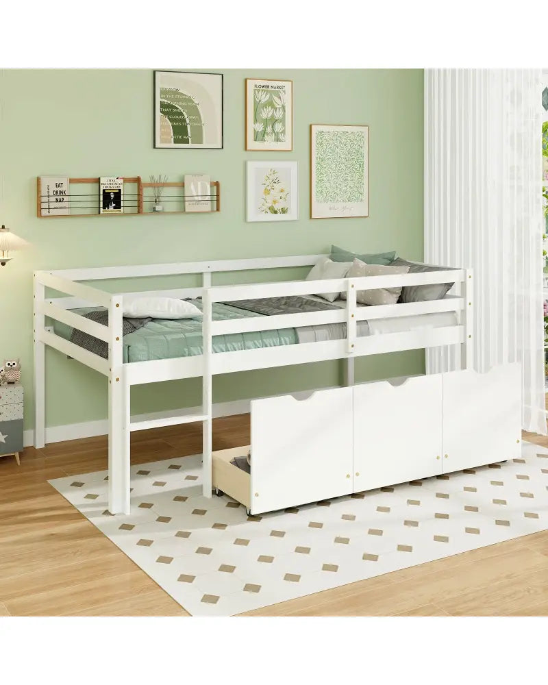 Twin Size Low Loft Bed with 3 Drawers with Ladder and Full-length Guardrails-White - White - Trundle Bed Frame