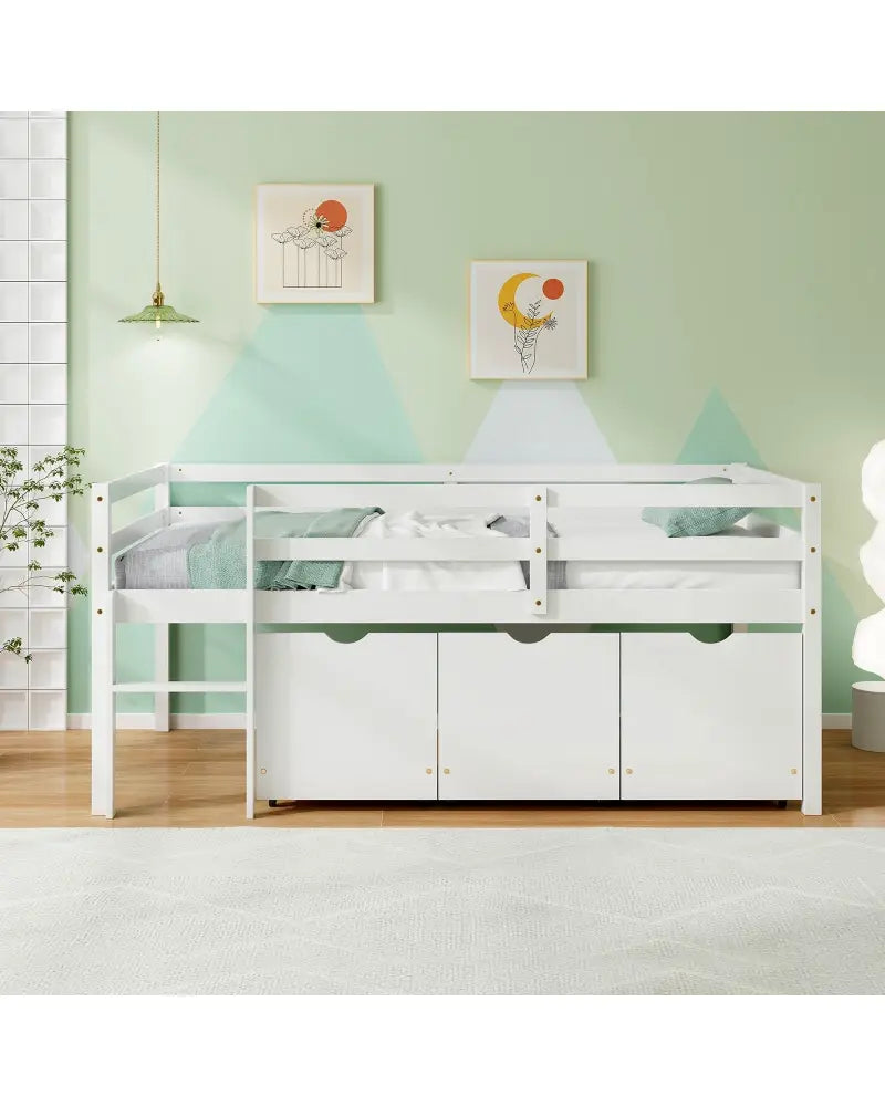 Twin Size Low Loft Bed with 3 Drawers with Ladder and Full-length Guardrails-White - White - Trundle Bed Frame