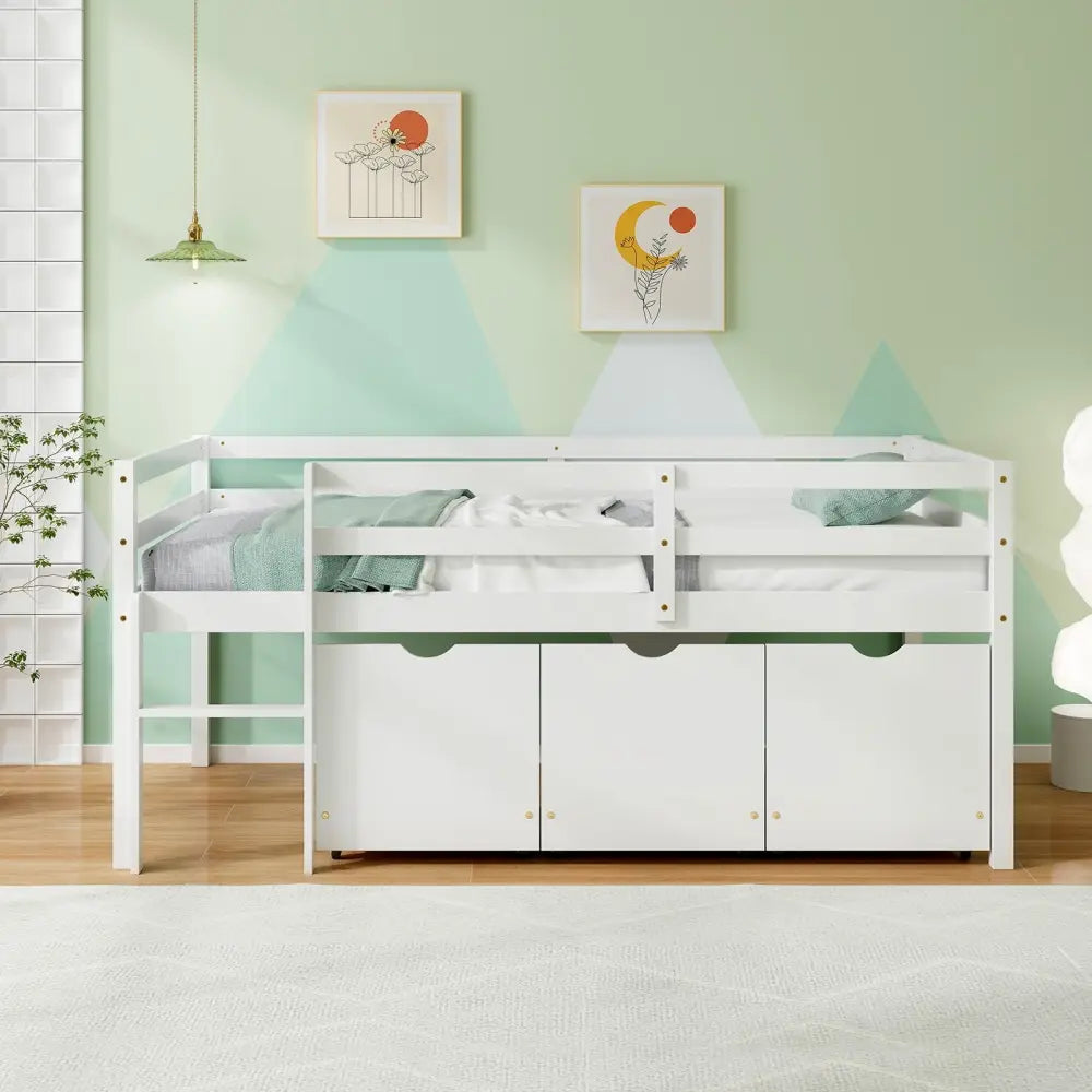 Twin Size Low Loft Bed with 3 Drawers with Ladder and Full-length Guardrails-White - White - Trundle Bed Frame