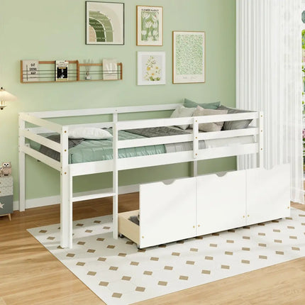 Twin Size Low Loft Bed with 3 Drawers with Ladder and Full-length Guardrails-White - White - Trundle Bed Frame
