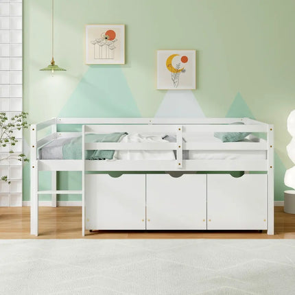 Twin Size Low Loft Bed with 3 Drawers with Ladder and Full-length Guardrails-White - White - Trundle Bed Frame