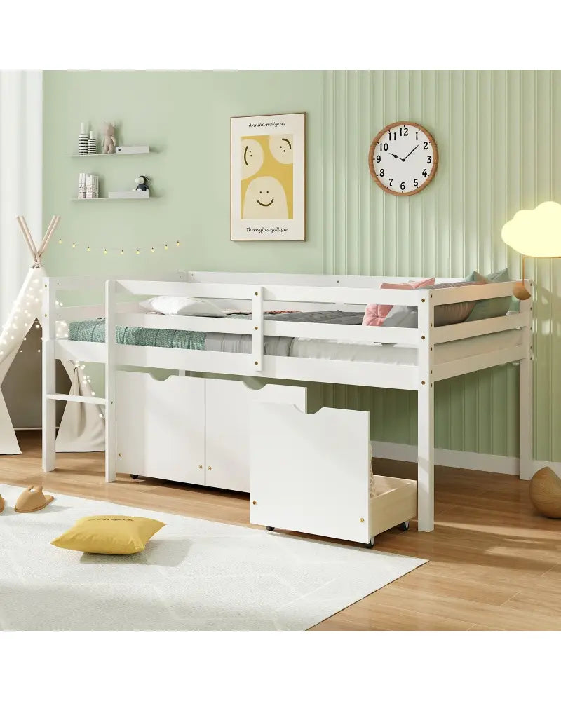 Twin Size Low Loft Bed with 3 Drawers with Ladder and Full-length Guardrails-White - White - Trundle Bed Frame