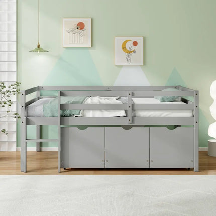 Twin Size Low Loft Bed with 3 Drawers with Ladder and Full-length Guardrails-Gray - Gray - Trundle Bed Frame
