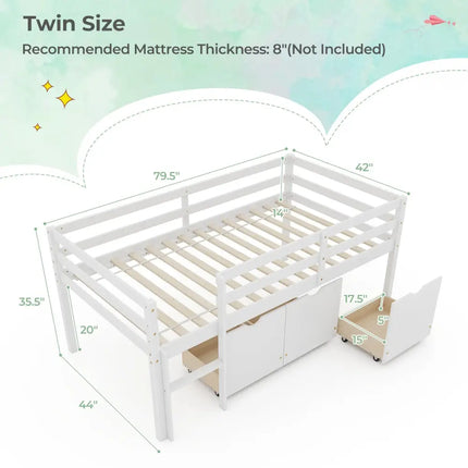 Twin Size Low Loft Bed with 3 Drawers with Ladder and Full-length Guardrails-White - White - Trundle Bed Frame