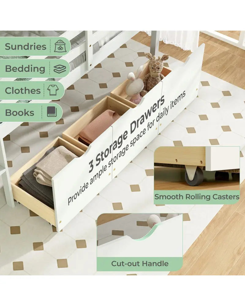 Twin Size Low Loft Bed with 3 Drawers with Ladder and Full-length Guardrails-White - White - Trundle Bed Frame