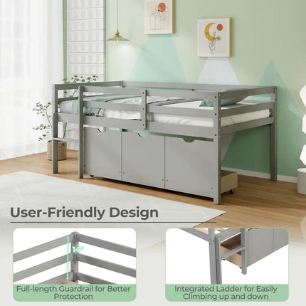 Twin Size Low Loft Bed with 3 Drawers with Ladder and Full-length Guardrails-Gray - Gray - Trundle Bed Frame