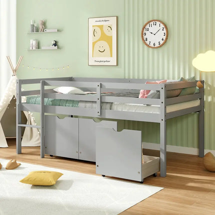 Twin Size Low Loft Bed with 3 Drawers with Ladder and Full-length Guardrails-Gray - Gray - Trundle Bed Frame