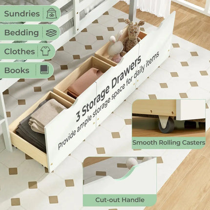 Twin Size Low Loft Bed with 3 Drawers with Ladder and Full-length Guardrails-White - White - Trundle Bed Frame