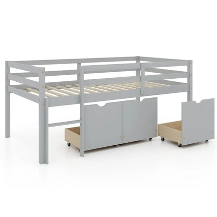 Twin Size Low Loft Bed with 3 Drawers with Ladder and Full-length Guardrails-Gray - Gray - Trundle Bed Frame
