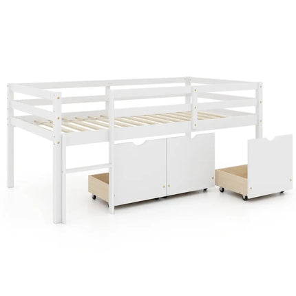 Twin Size Low Loft Bed with 3 Drawers with Ladder and Full-length Guardrails-White - White - Trundle Bed Frame