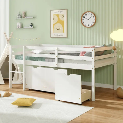 Twin Size Low Loft Bed with 3 Drawers with Ladder and Full-length Guardrails-White - White - Trundle Bed Frame
