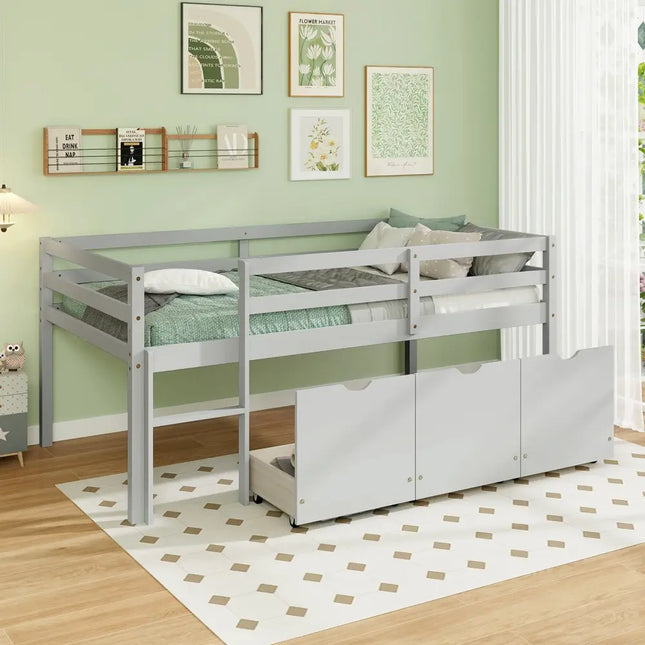 Twin Size Low Loft Bed with 3 Drawers with Ladder and Full-length Guardrails-Gray - Gray - Trundle Bed Frame