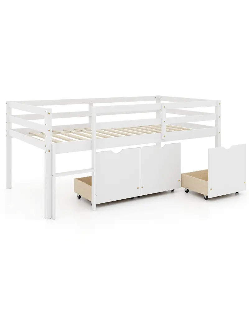 Twin Size Low Loft Bed with 3 Drawers with Ladder and Full-length Guardrails-White - White - Trundle Bed Frame