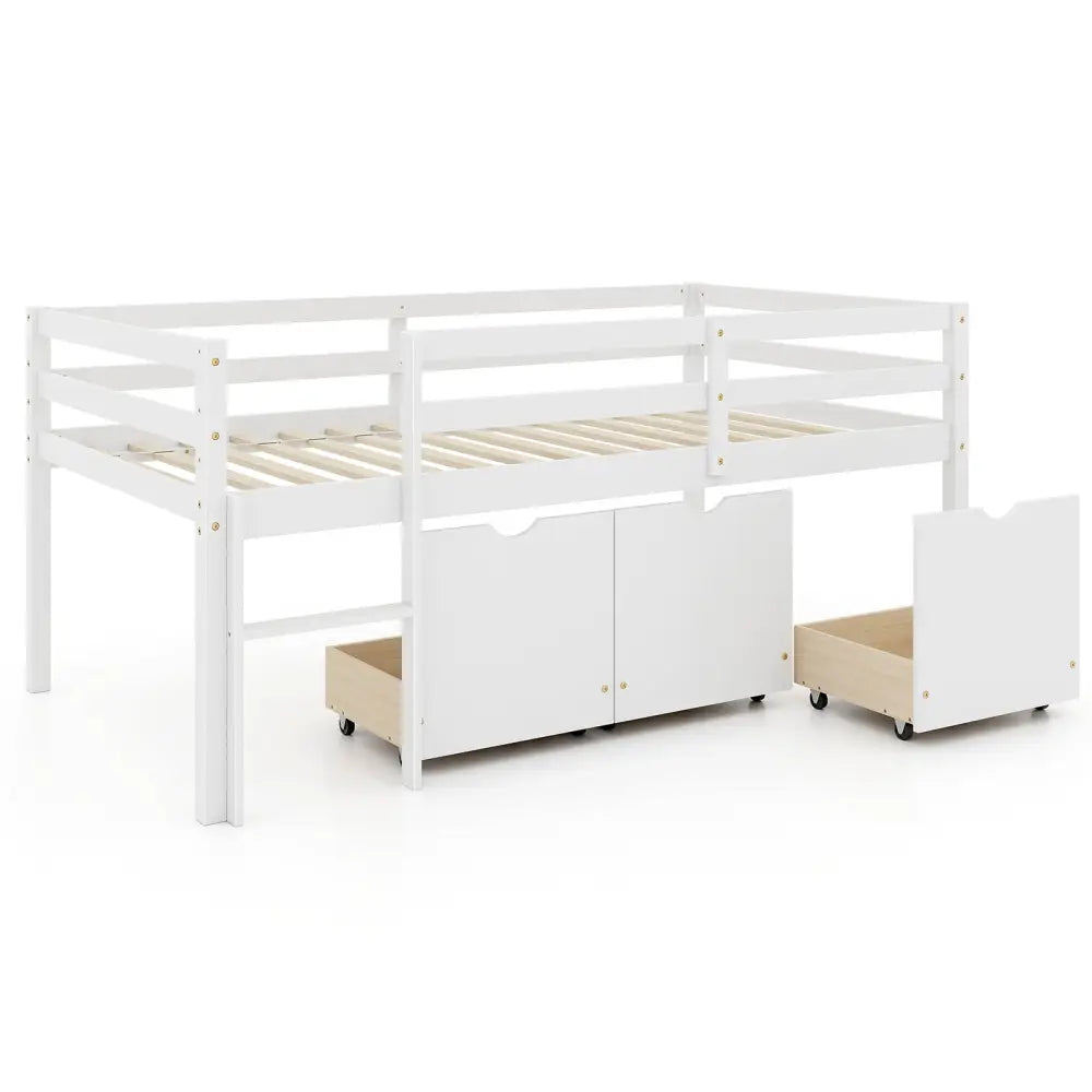 Twin Size Low Loft Bed with 3 Drawers with Ladder and Full-length Guardrails-White - White - Trundle Bed Frame