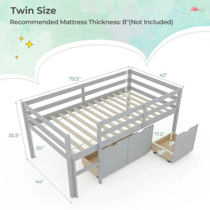 Twin Size Low Loft Bed with 3 Drawers with Ladder and Full-length Guardrails-Gray - Gray - Trundle Bed Frame