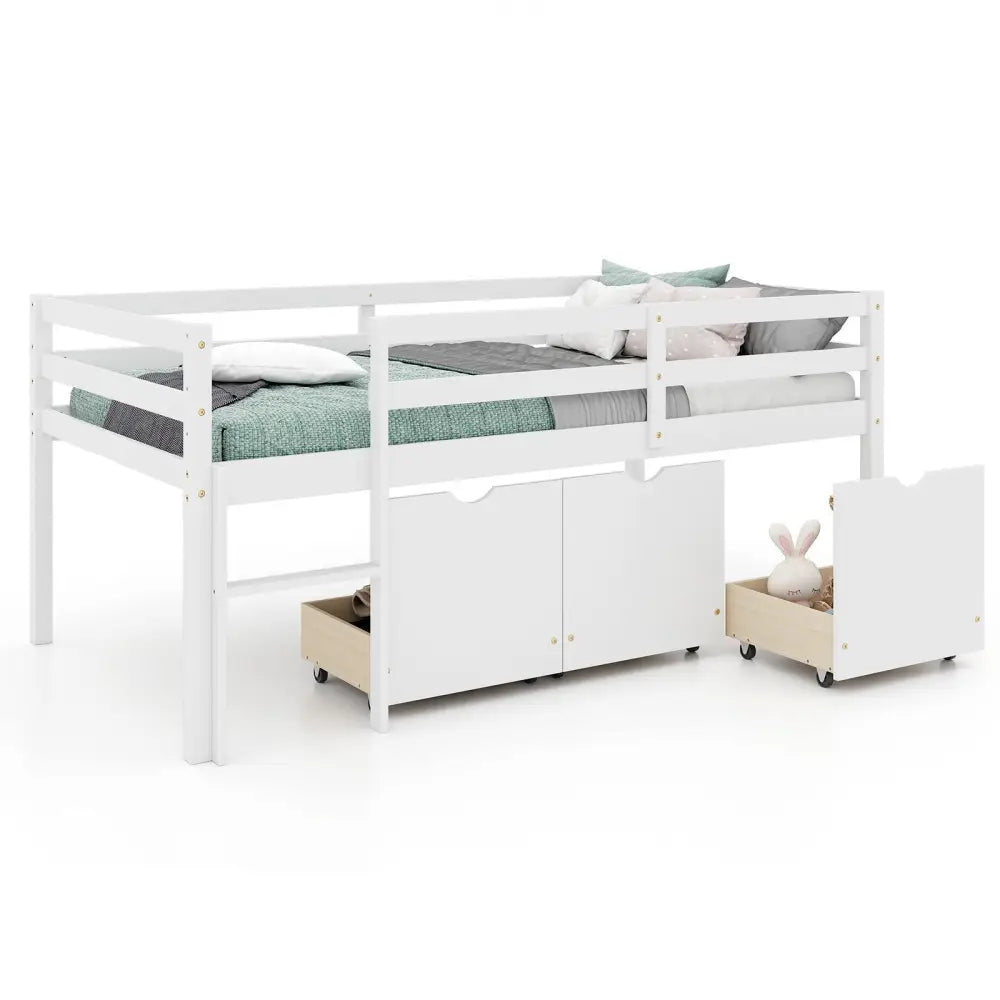 Twin Size Low Loft Bed with 3 Drawers with Ladder and Full-length Guardrails-White - White - Trundle Bed Frame