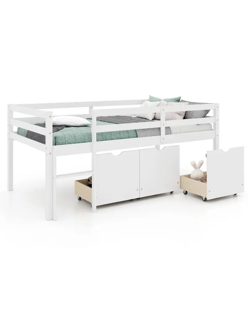 Twin Size Low Loft Bed with 3 Drawers with Ladder and Full-length Guardrails-White - White - Trundle Bed Frame