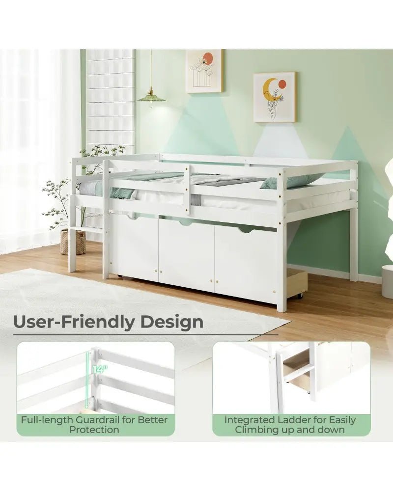Twin Size Low Loft Bed with 3 Drawers with Ladder and Full-length Guardrails-White - White - Trundle Bed Frame