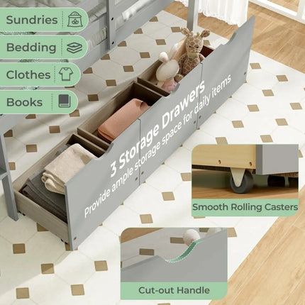 Twin Size Low Loft Bed with 3 Drawers with Ladder and Full-length Guardrails-Gray - Gray - Trundle Bed Frame