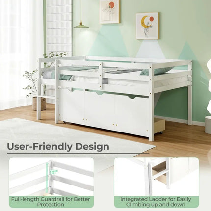 Twin Size Low Loft Bed with 3 Drawers with Ladder and Full-length Guardrails-White - White - Trundle Bed Frame