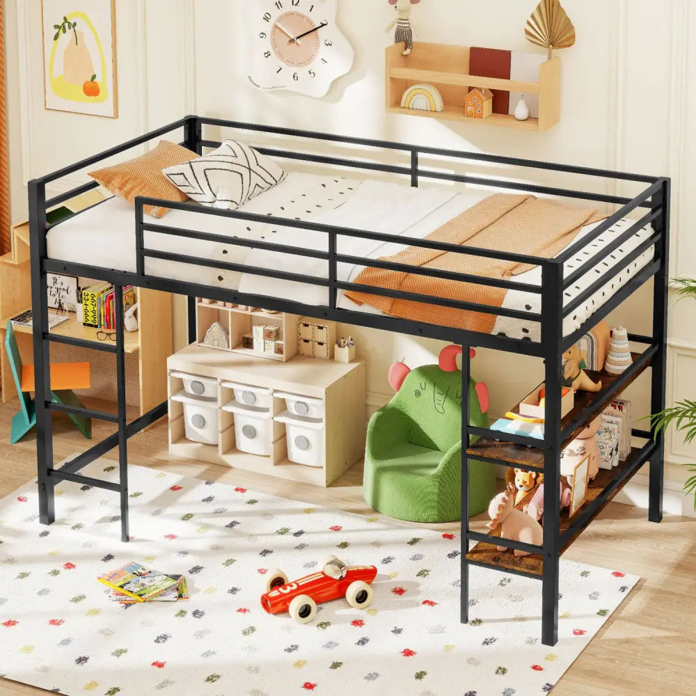 Twin Size Low Loft Bed with Ladder and Storage Shelves Metal Frame for Boys Girls-Black - Black - Toddler Beds