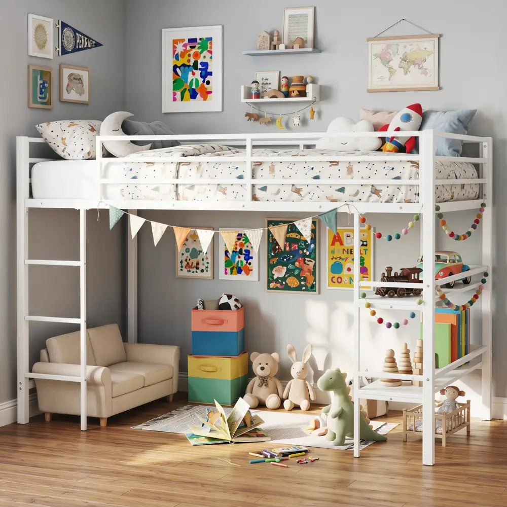 Twin Size Low Loft Bed with Ladder and Storage Shelves Metal Frame for Boys Girls-White - White - Toddler Beds