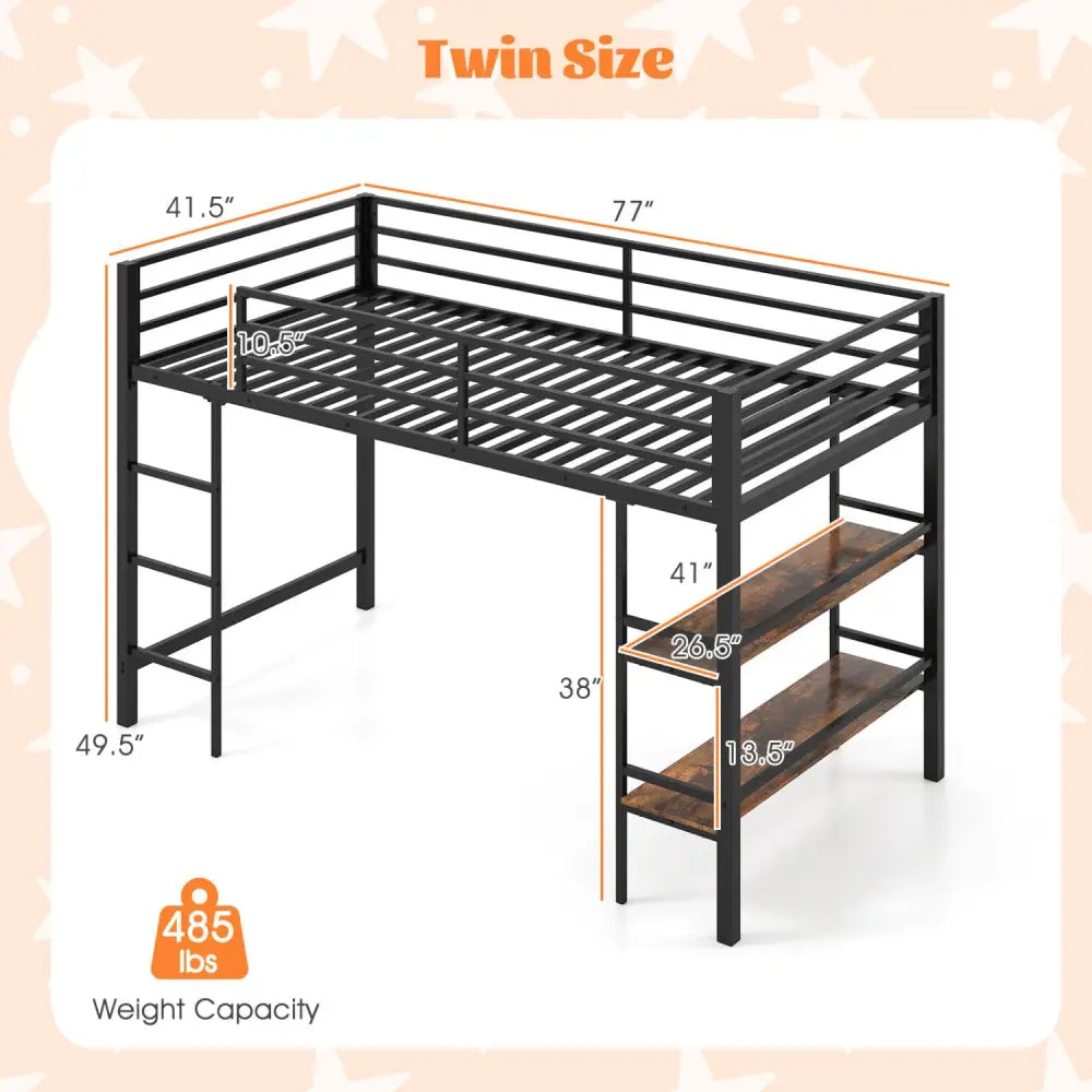 Twin Size Low Loft Bed with Ladder and Storage Shelves Metal Frame for Boys Girls-Black - Black - Toddler Beds