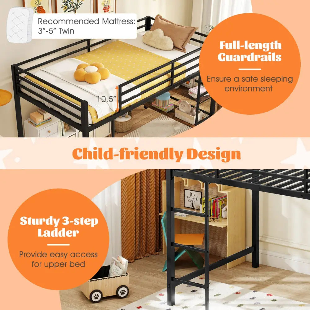 Twin Size Low Loft Bed with Ladder and Storage Shelves Metal Frame for Boys Girls-Black - Black - Toddler Beds