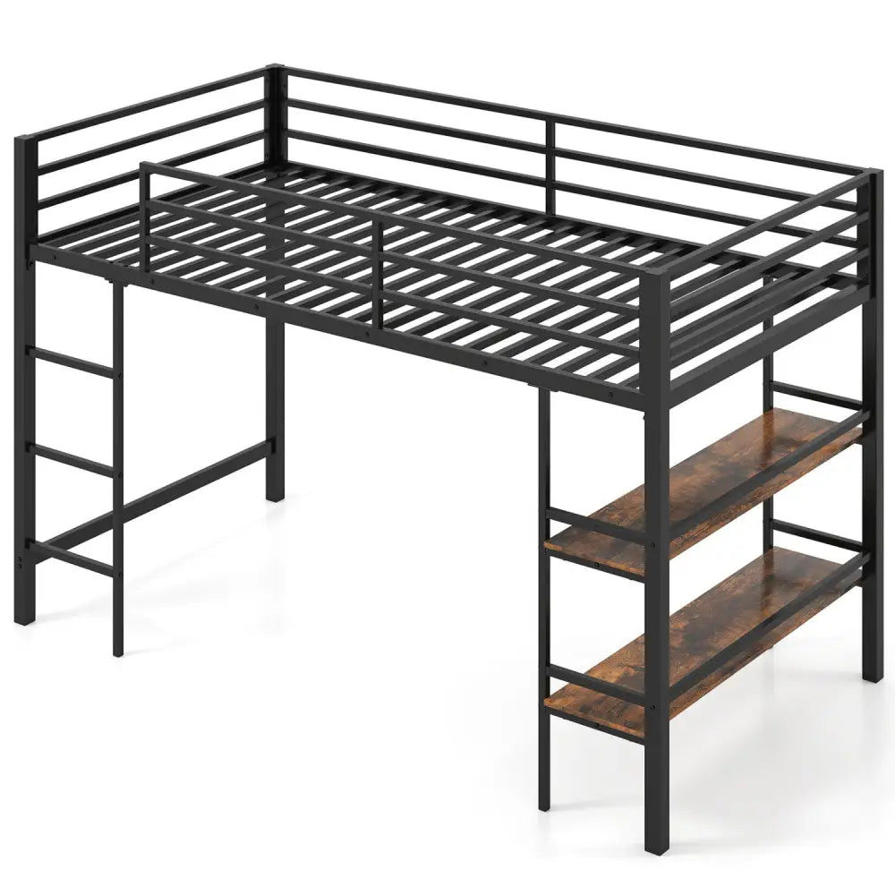 Twin Size Low Loft Bed with Ladder and Storage Shelves Metal Frame for Boys Girls-Black - Black - Toddler Beds