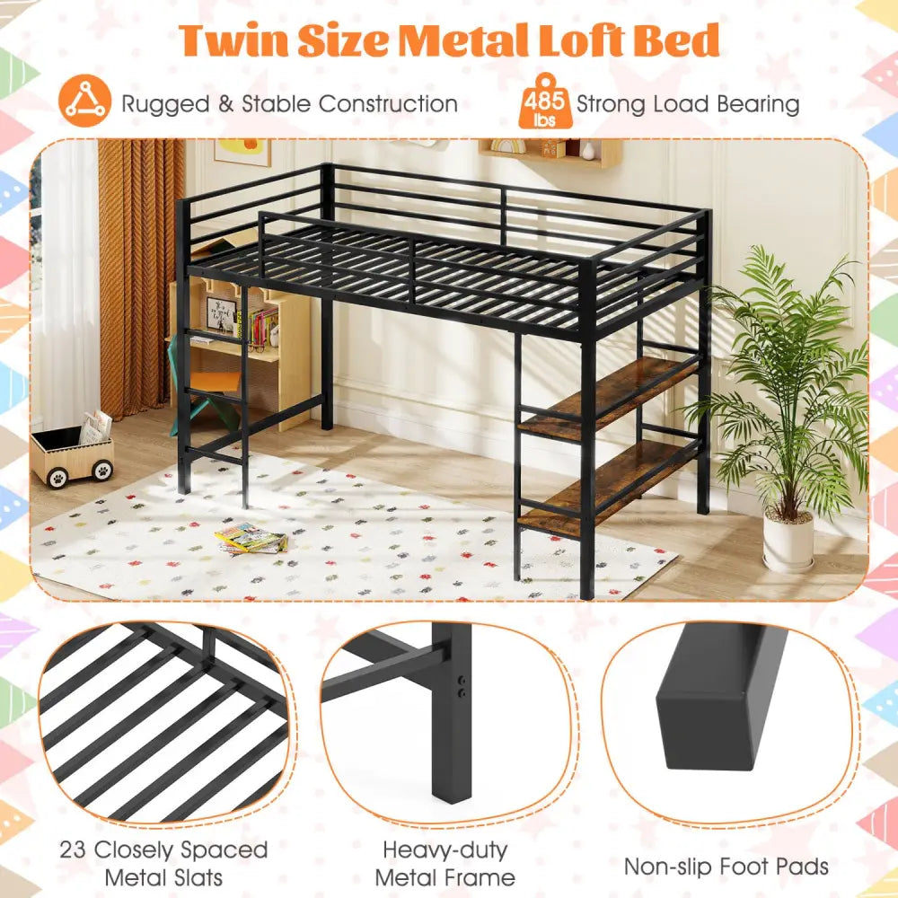 Twin Size Low Loft Bed with Ladder and Storage Shelves Metal Frame for Boys Girls-Black - Black - Toddler Beds