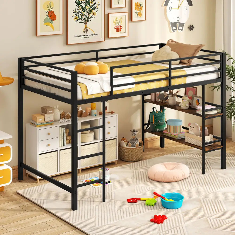 Twin Size Low Loft Bed with Ladder and Storage Shelves Metal Frame for Boys Girls-Black - Black - Toddler Beds