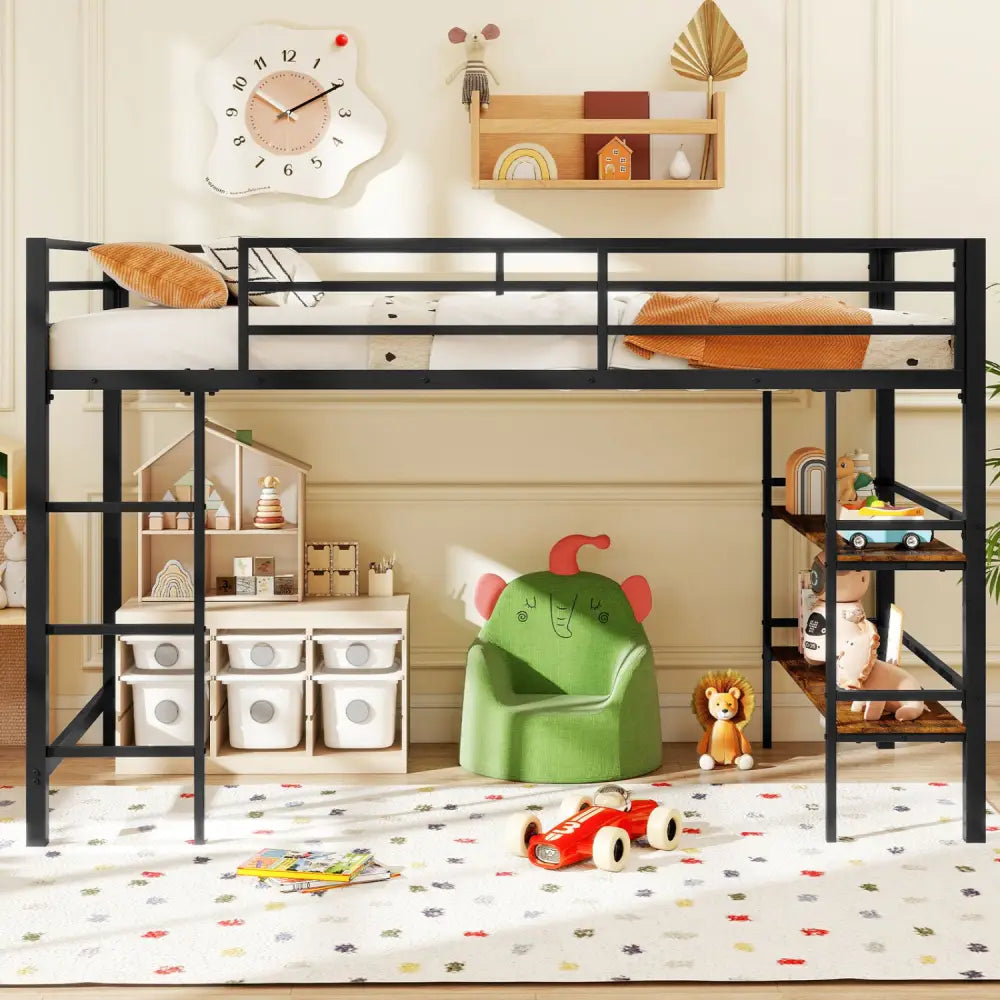 Twin Size Low Loft Bed with Ladder and Storage Shelves Metal Frame for Boys Girls-Black - Black - Toddler Beds