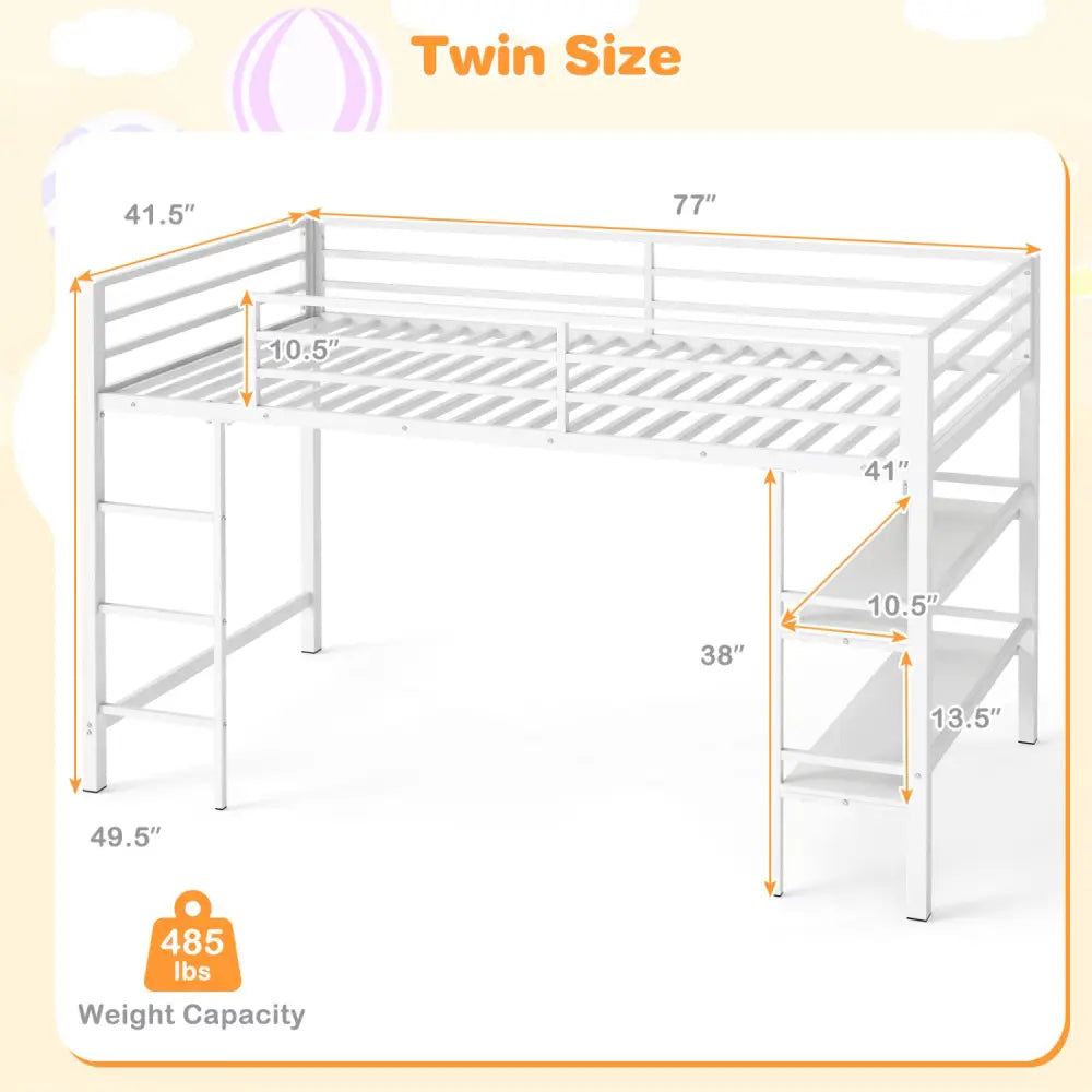 Twin Size Low Loft Bed with Ladder and Storage Shelves Metal Frame for Boys Girls-White - White - Toddler Beds