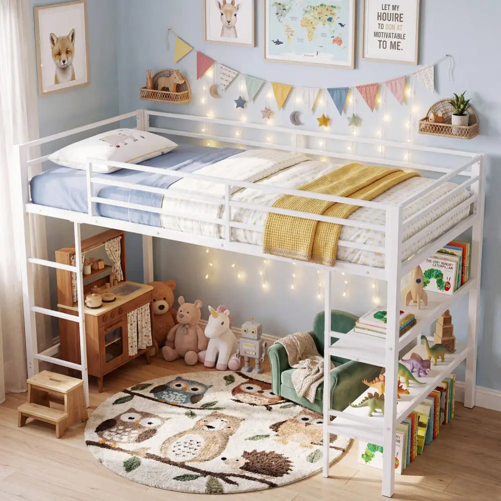 Twin Size Low Loft Bed with Ladder and Storage Shelves Metal Frame for Boys Girls-White - White - Toddler Beds