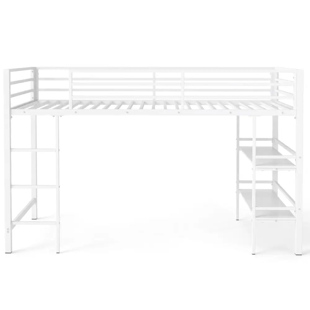 Twin Size Low Loft Bed with Ladder and Storage Shelves Metal Frame for Boys Girls-White - White - Toddler Beds