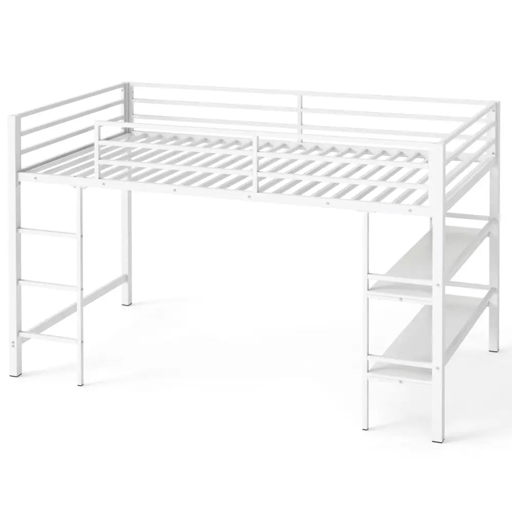 Twin Size Low Loft Bed with Ladder and Storage Shelves Metal Frame for Boys Girls-White - White - Toddler Beds