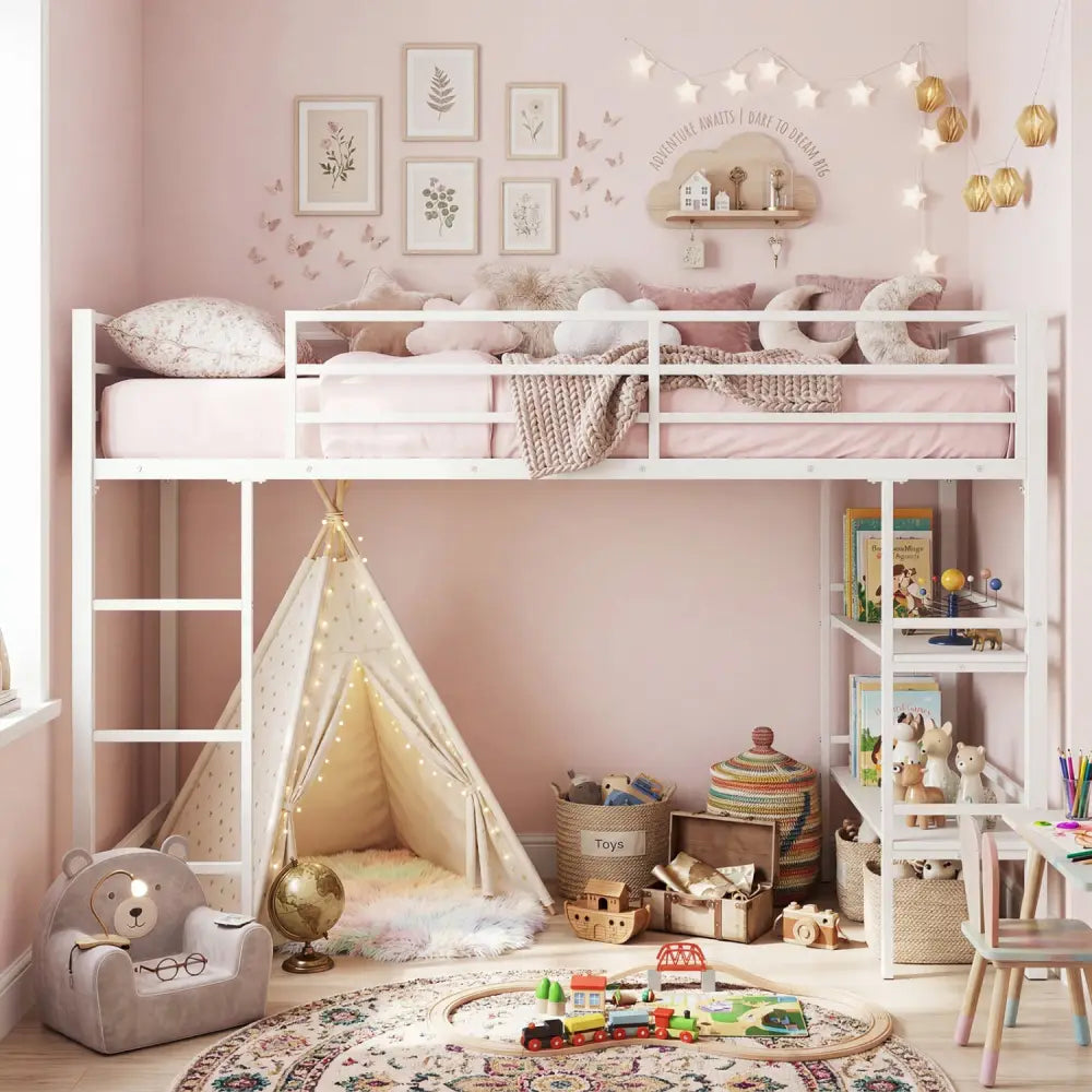 Twin Size Low Loft Bed with Ladder and Storage Shelves Metal Frame for Boys Girls-White - White - Toddler Beds