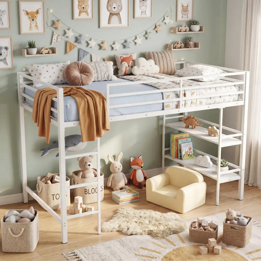 Twin Size Low Loft Bed with Ladder and Storage Shelves Metal Frame for Boys Girls-White - White - Toddler Beds